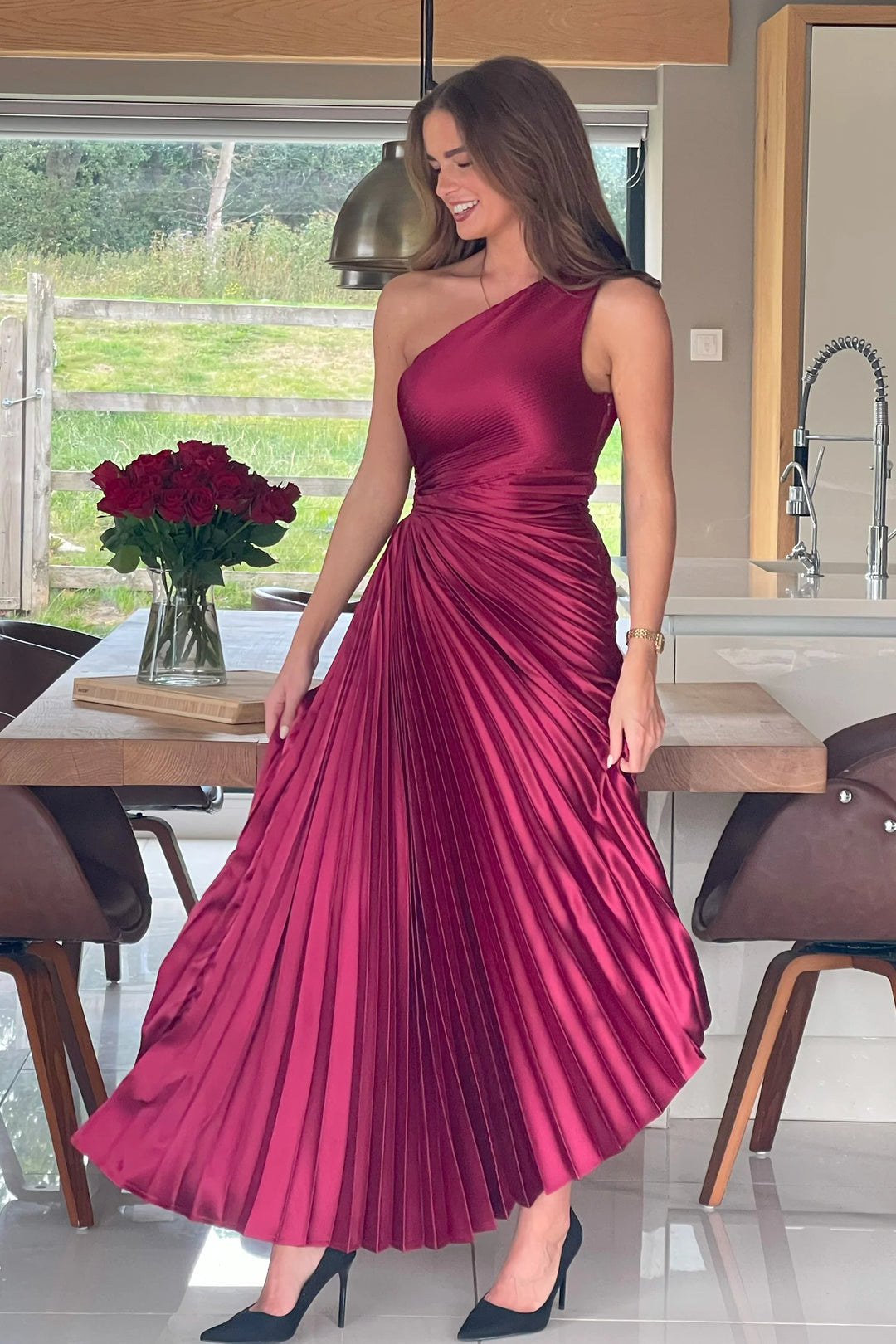 Aoife Berry Red One Shoulder Cut Out Pleated Midi Dress