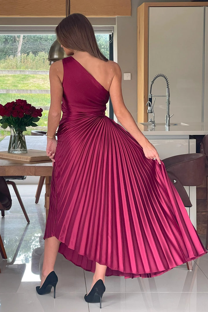Aoife Berry Red One Shoulder Cut Out Pleated Midi Dress