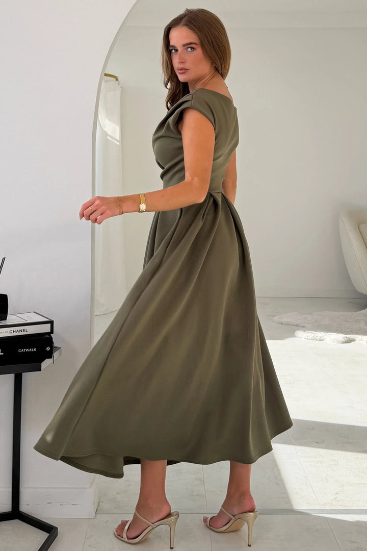 Betty Khaki Asymmetric Neckline Skater Maxi Dress With Pockets