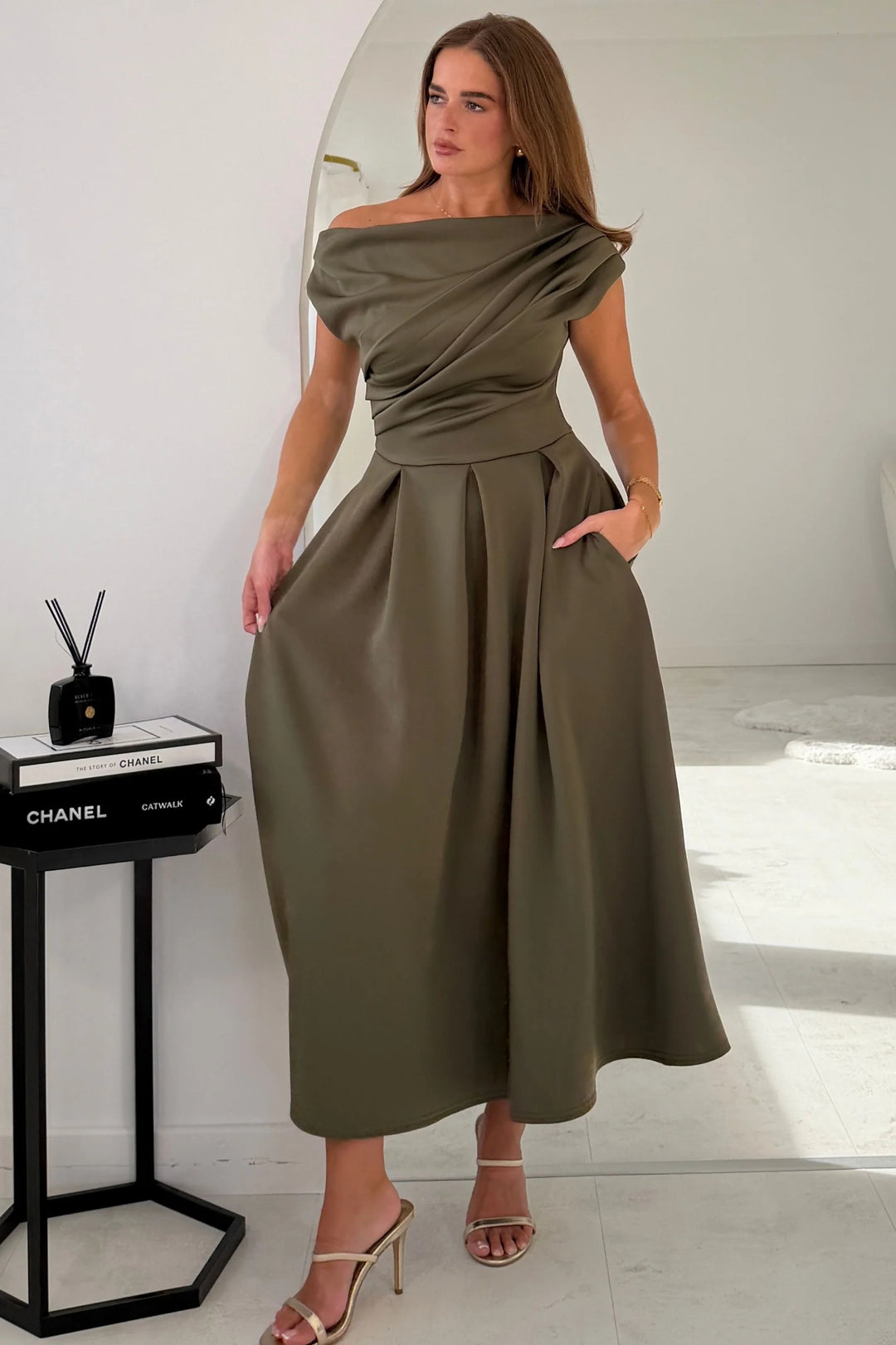 Betty Khaki Asymmetric Neckline Skater Maxi Dress With Pockets