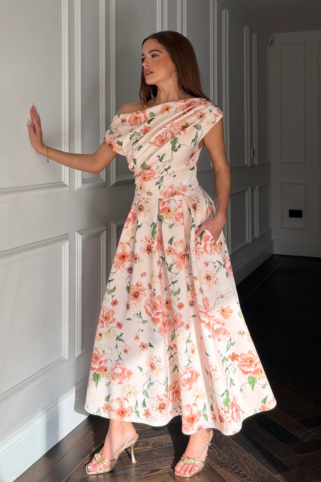 Betty Peach Floral Asymmetric Neckline Skater Midi Dress With Pockets