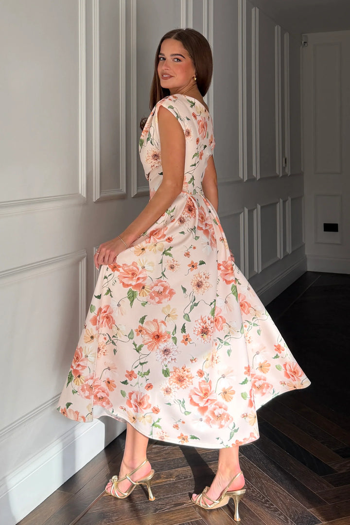 Betty Peach Floral Asymmetric Neckline Skater Midi Dress With Pockets