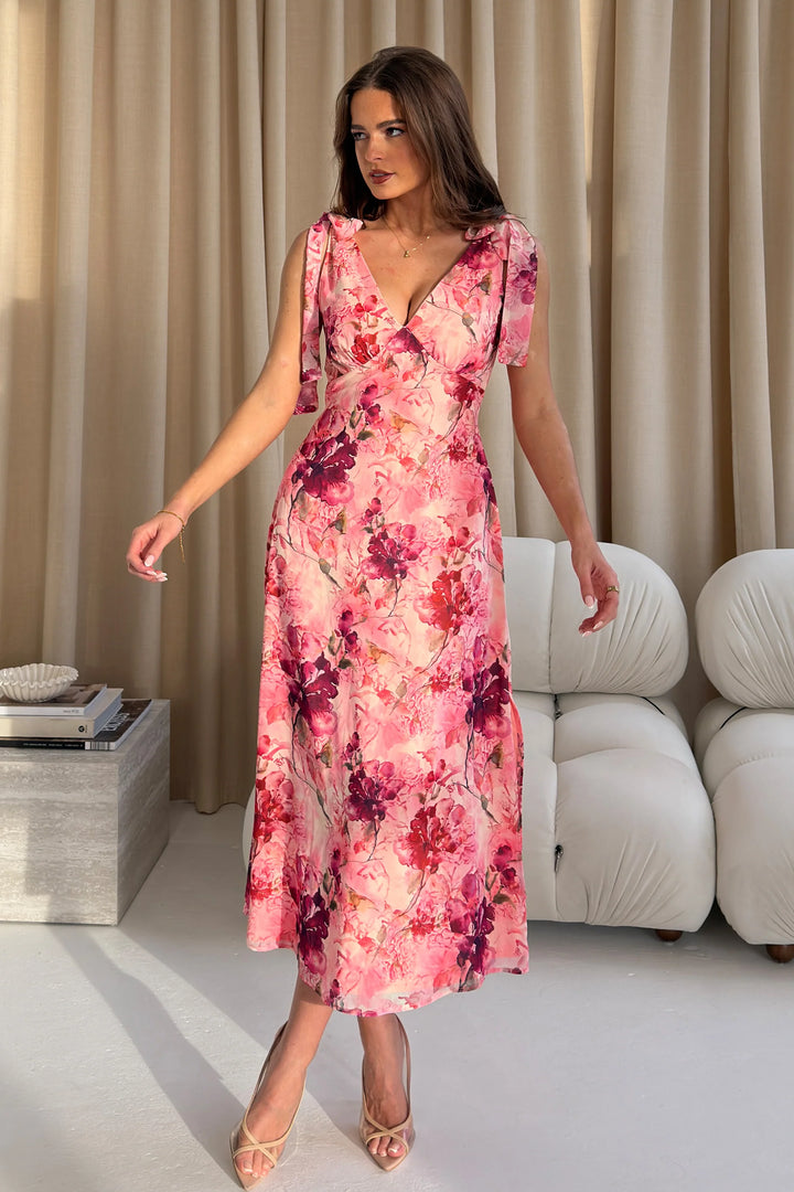 Beverly Pink Floral Tie Shoulder Midi Dress