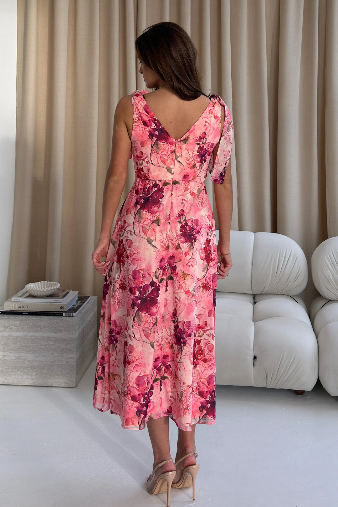 Beverly Pink Floral Tie Shoulder Midi Dress