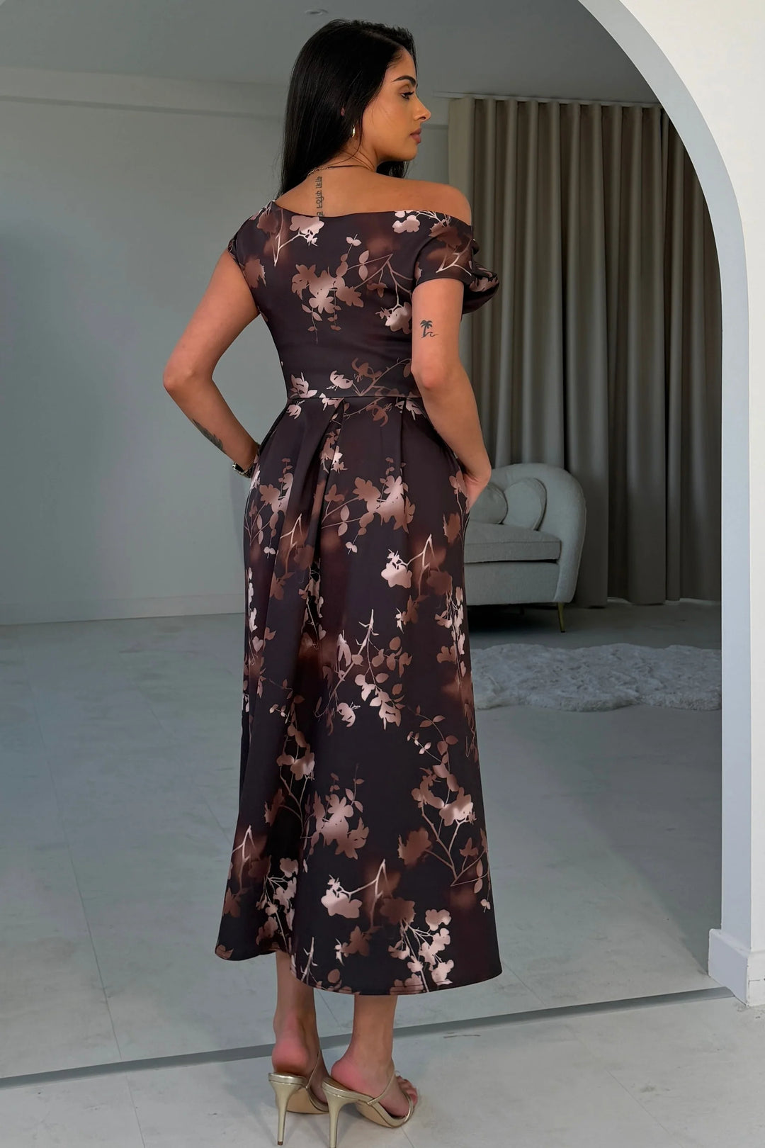 Betty Brown Floral Asymmetric Neckline Skater Maxi Dress With Pockets