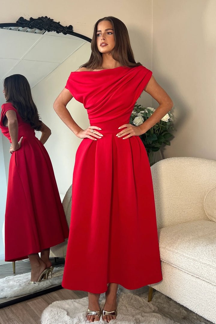 Betty Red Asymmetric Neckline Skater Maxi Dress With Pockets