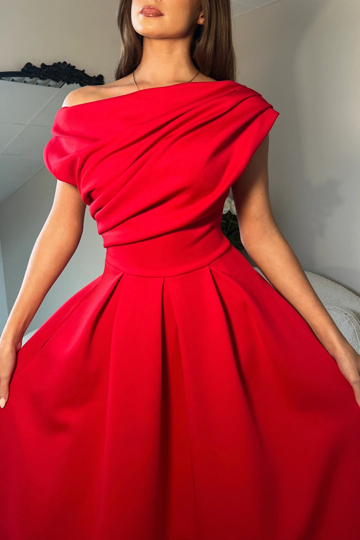 Betty Red Asymmetric Neckline Skater Maxi Dress With Pockets