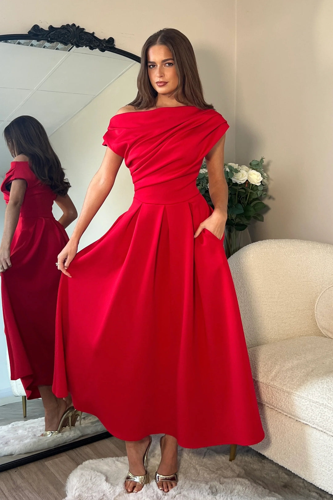 Betty Red Asymmetric Neckline Skater Maxi Dress With Pockets