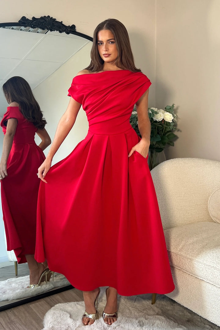 Betty Red Asymmetric Neckline Skater Maxi Dress With Pockets