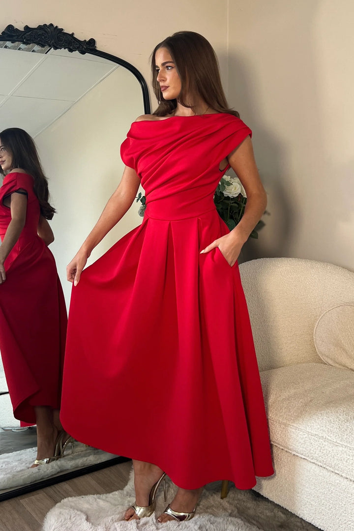 Betty Red Asymmetric Neckline Skater Maxi Dress With Pockets