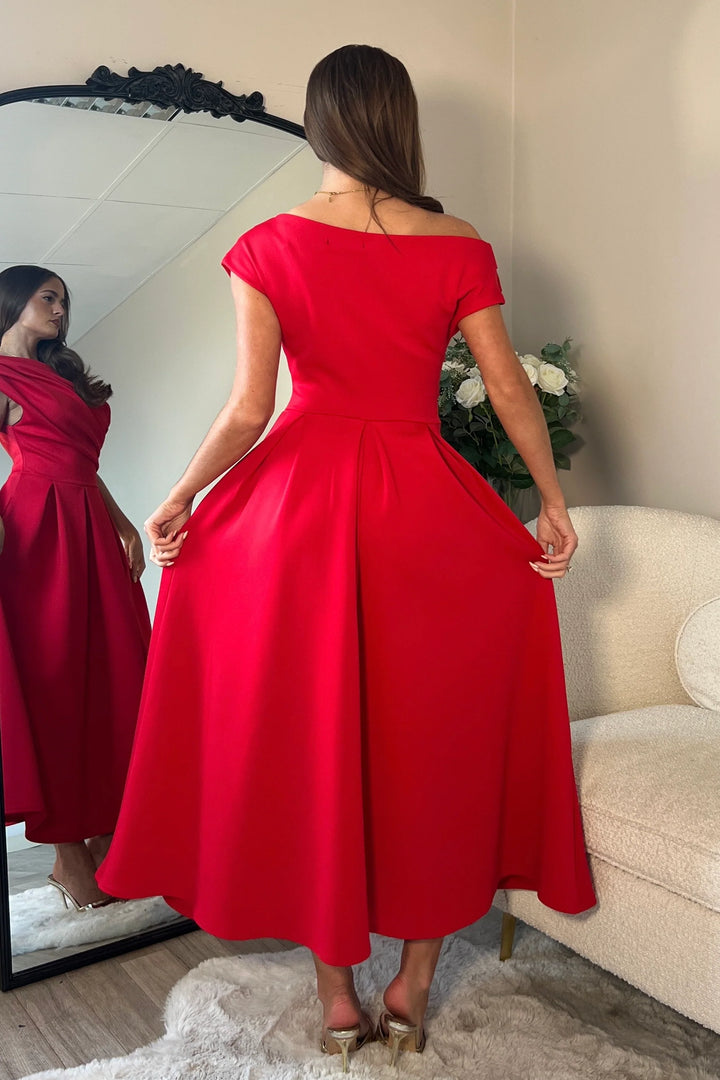 Betty Red Asymmetric Neckline Skater Maxi Dress With Pockets
