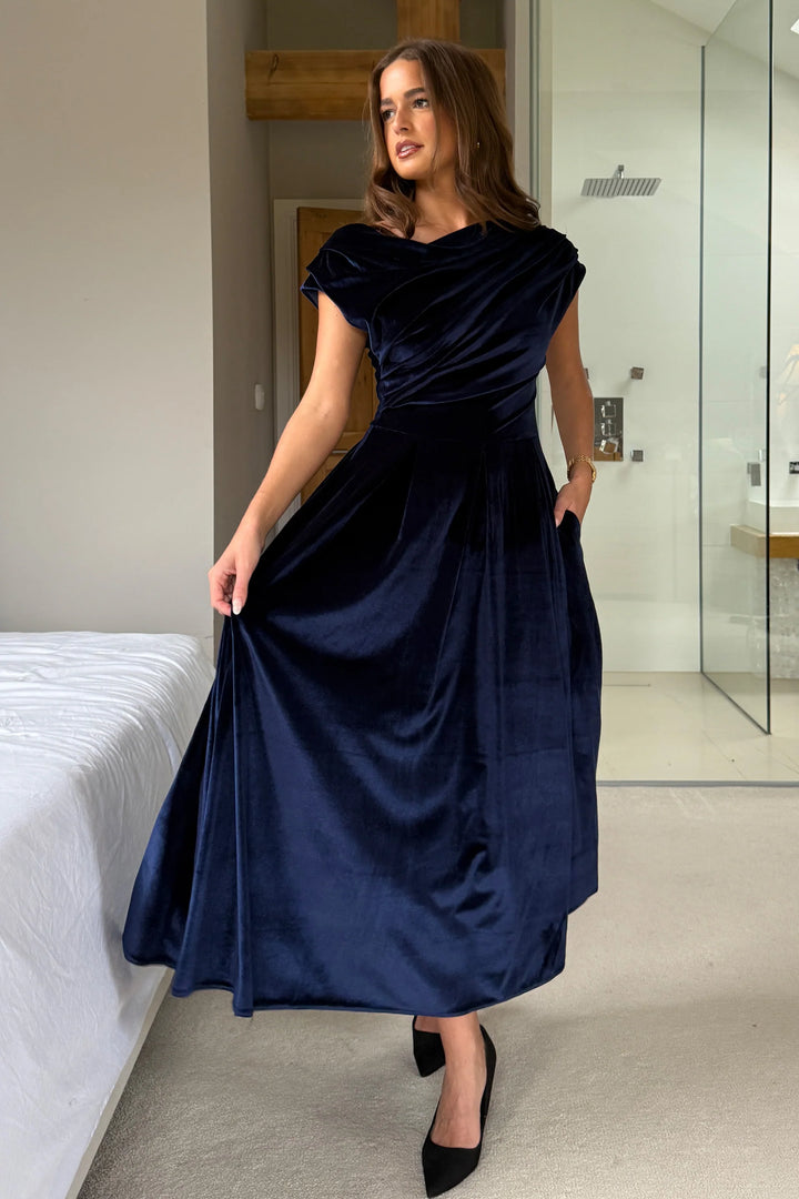 Betty Navy Velvet Asymmetric Neckline Skater Midi Dress With Pockets