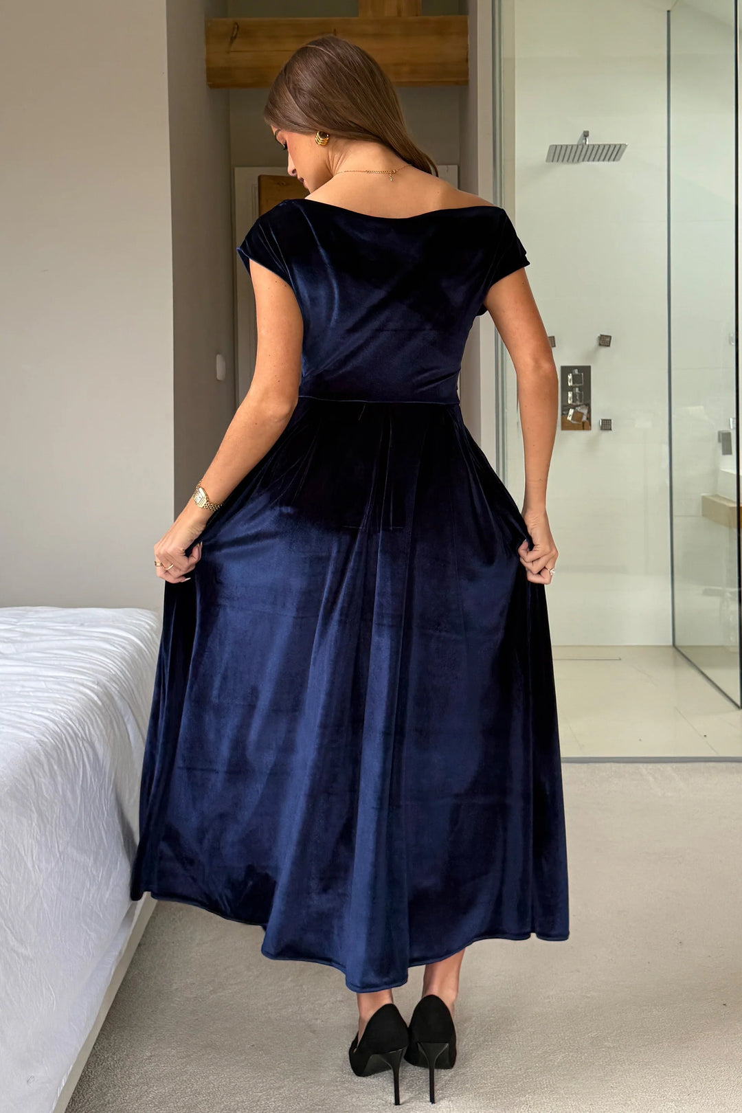 Betty Navy Velvet Asymmetric Neckline Skater Midi Dress With Pockets