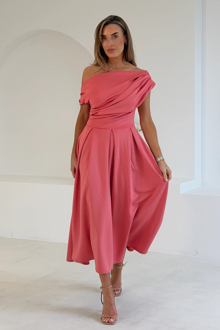 Betty Rose Asymmetric Neckline Skater Midi Dress With Pockets