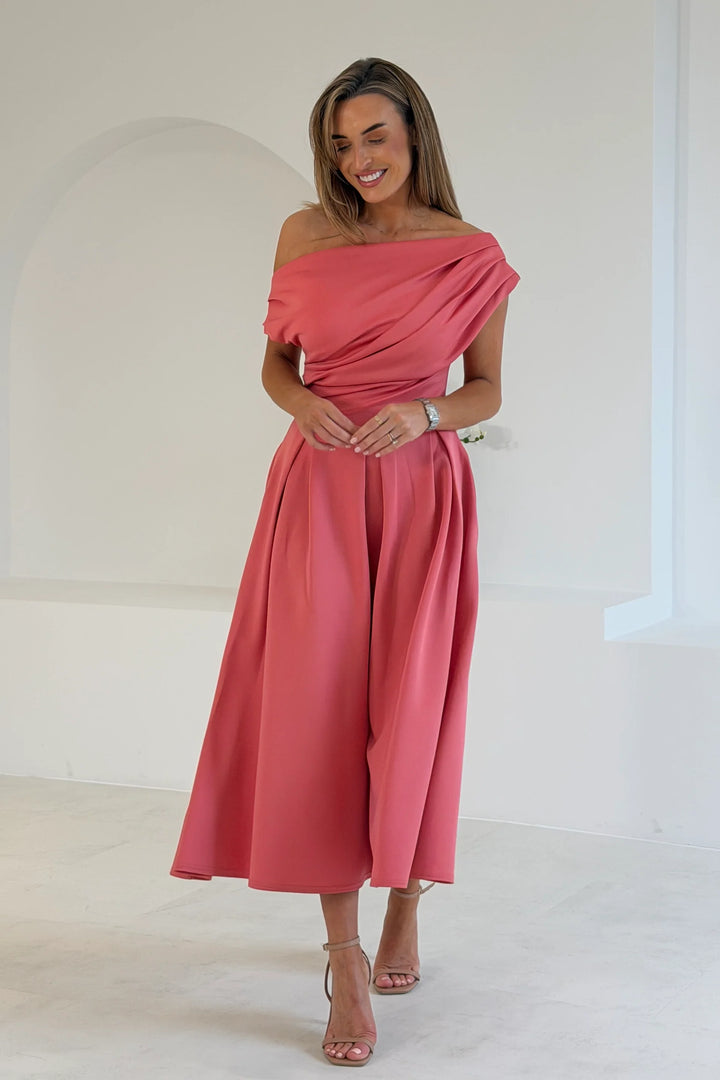 Betty Rose Asymmetric Neckline Skater Midi Dress With Pockets