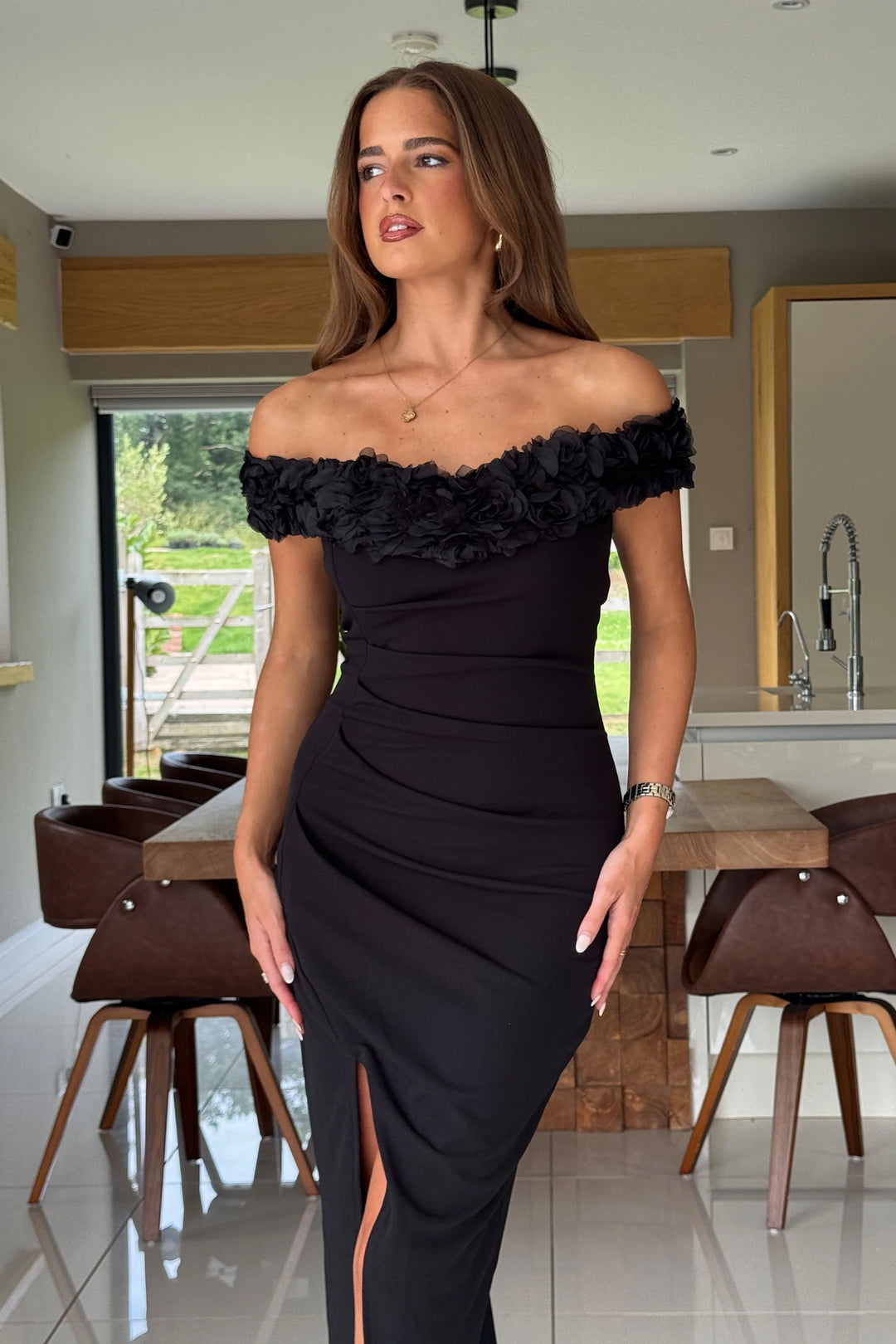 Brenda 3D Floral Bardot Bodycon Midi Dress
