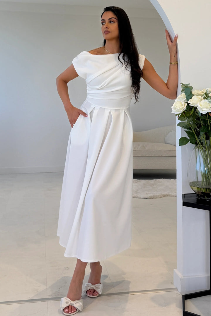 Betty White Asymmetric Neckline Skater Midi Dress With Pockets