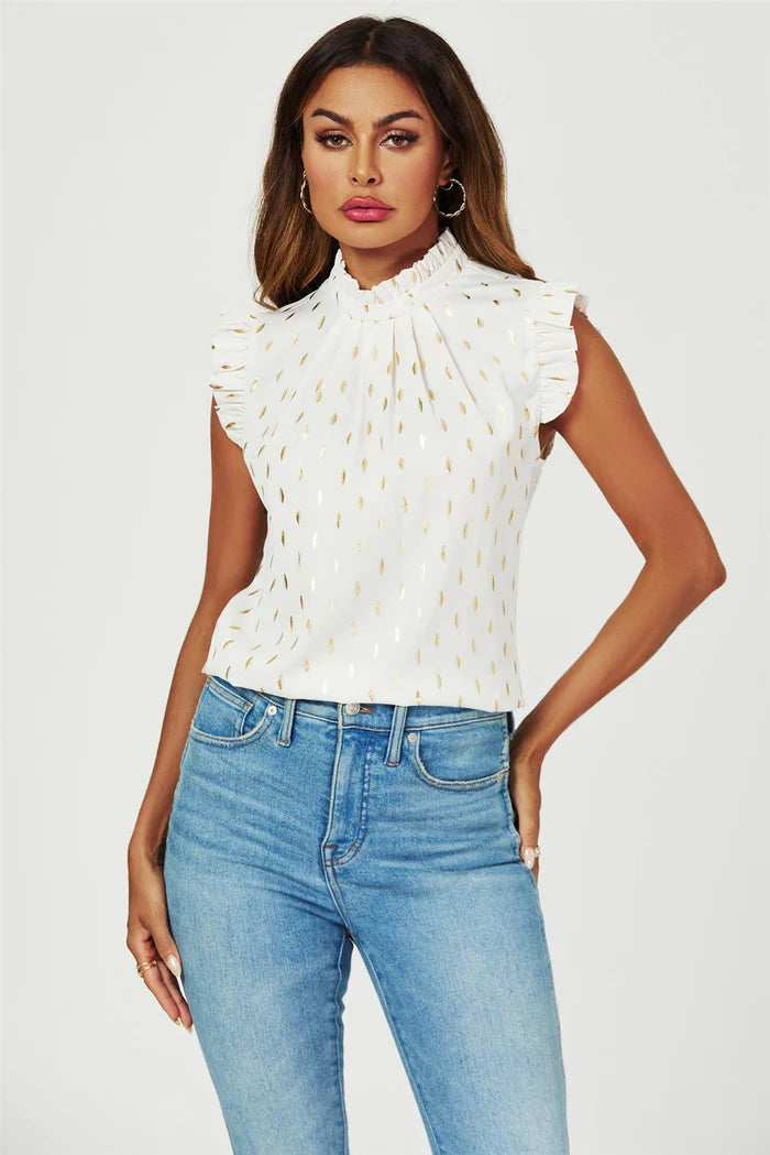 Clara Cream with Gold Foil Frill Trim Sleeve High Neck Blouse Top
