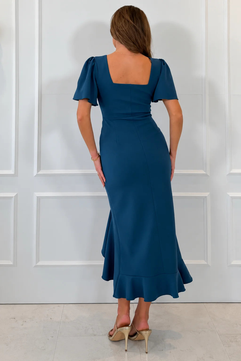 Darcie Petrol Flared Sleeve Frill Midi Dress