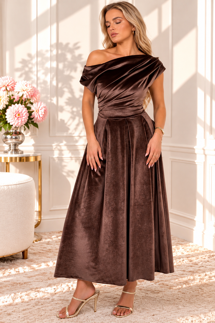 Betty Chocolate Brown Velvet Asymmetric Neckline Skater Maxi Dress With Pockets