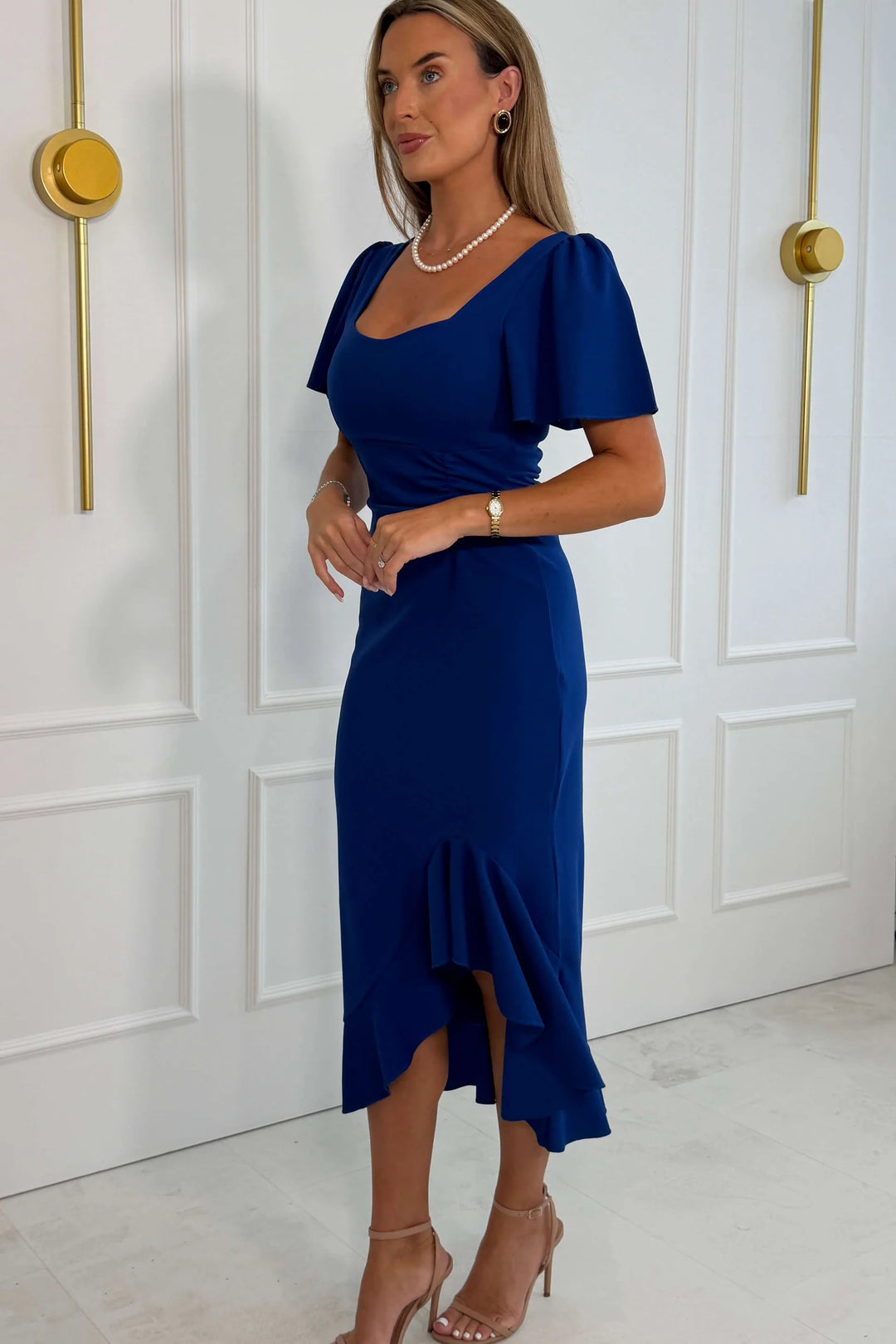 Darcie Cobalt Flared Sleeve Frill Midi Dress