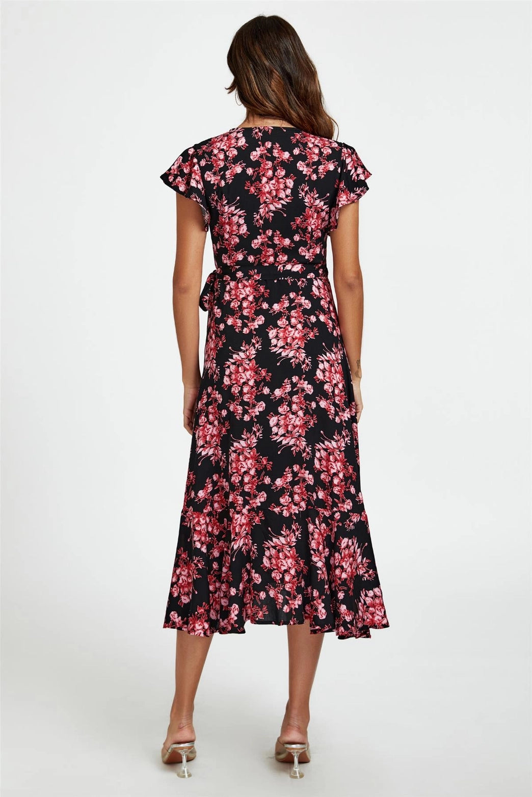 Nikki Black & Pink Floral True Wrap Short Sleeve Midi Dress