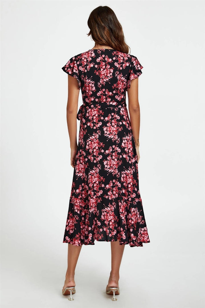 Nikki Black & Pink Floral True Wrap Short Sleeve Midi Dress