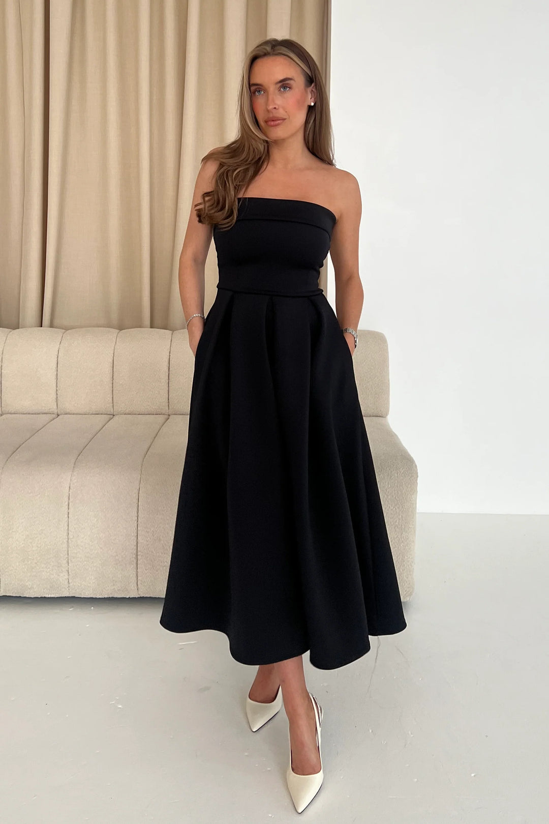 Danni Black Strapless Bandeau Midi Dress With Pockets