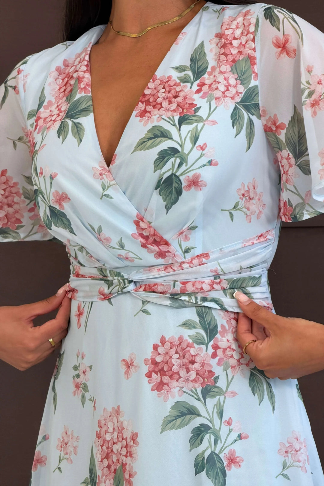 Daisy Light Blue Floral Wrap Neck Twist Detail Short Sleeve Midi Dress