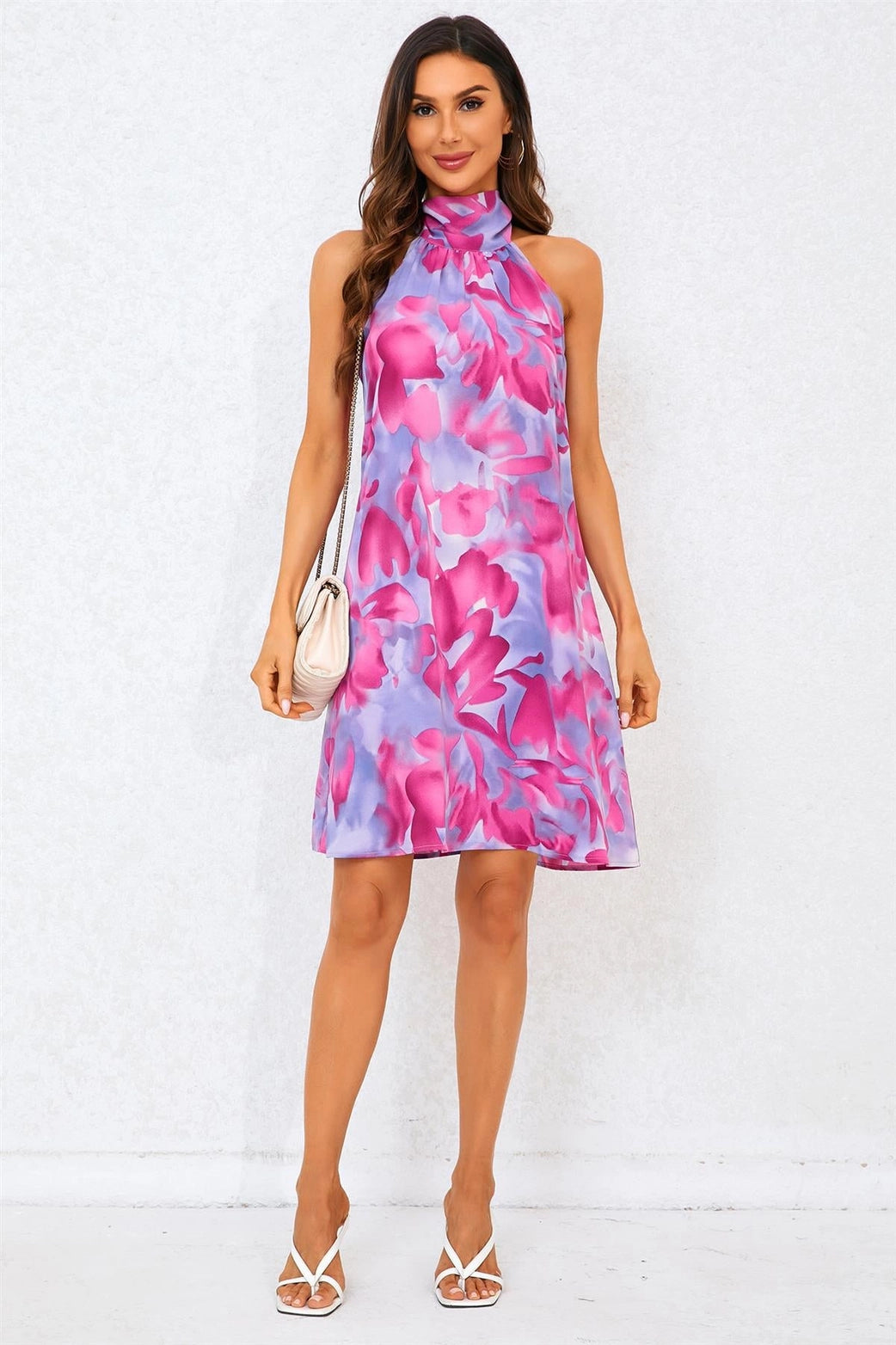 Gabriella Abstract Pink Floral Print Halter Neck Tie Back Mini Dress