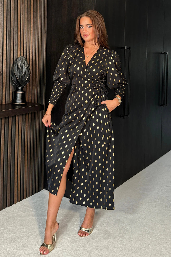 Devina Black And Gold Foil Shirred Cuff Wrap Midi Dress