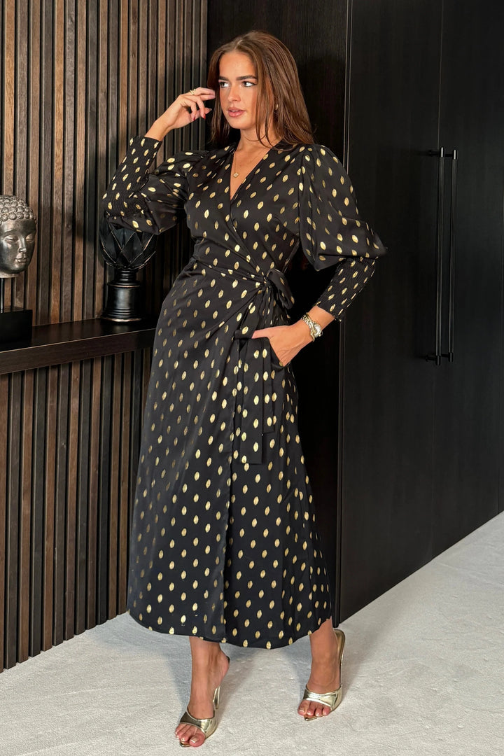 Devina Black And Gold Foil Shirred Cuff Wrap Midi Dress