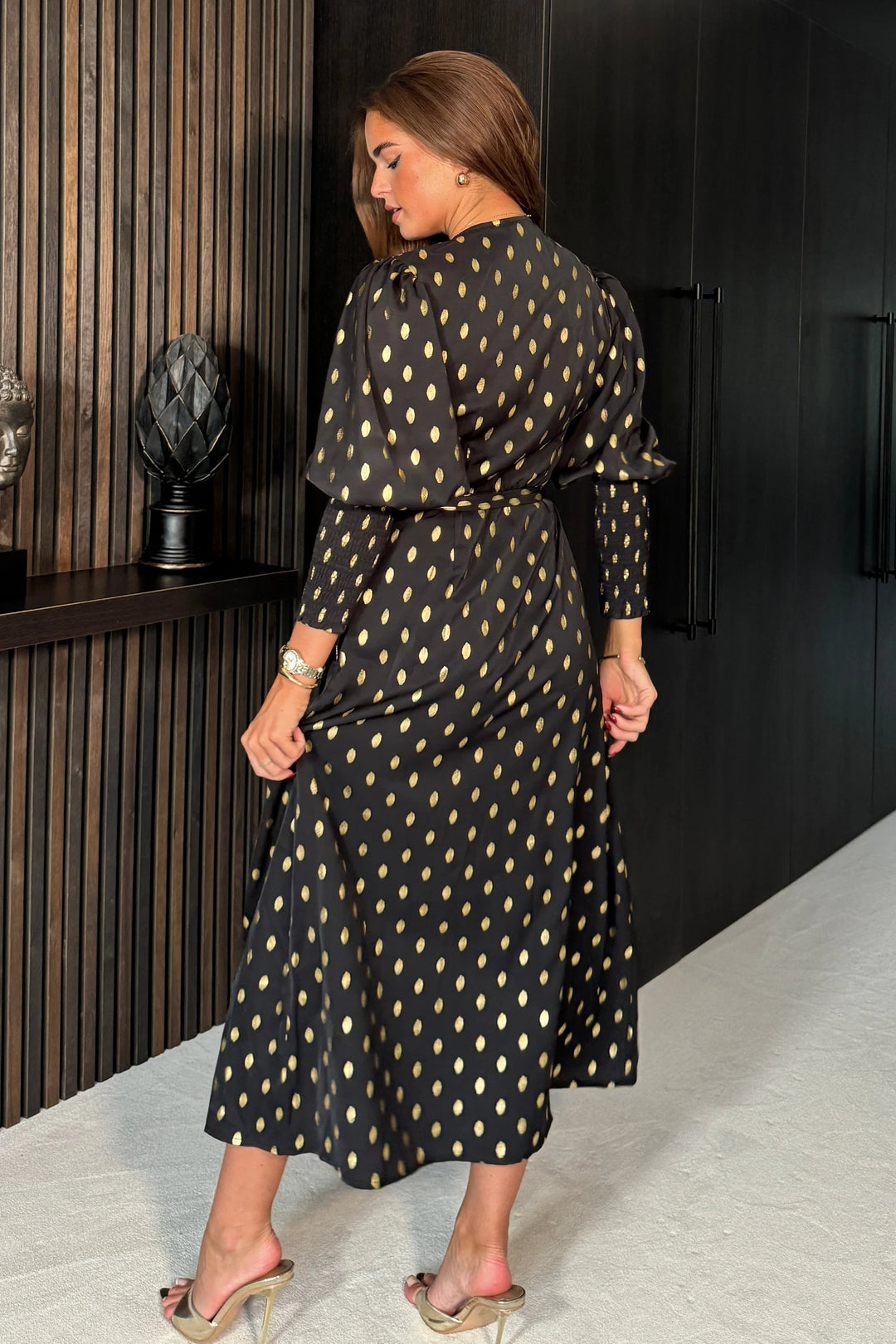 Devina Black And Gold Foil Shirred Cuff Wrap Midi Dress
