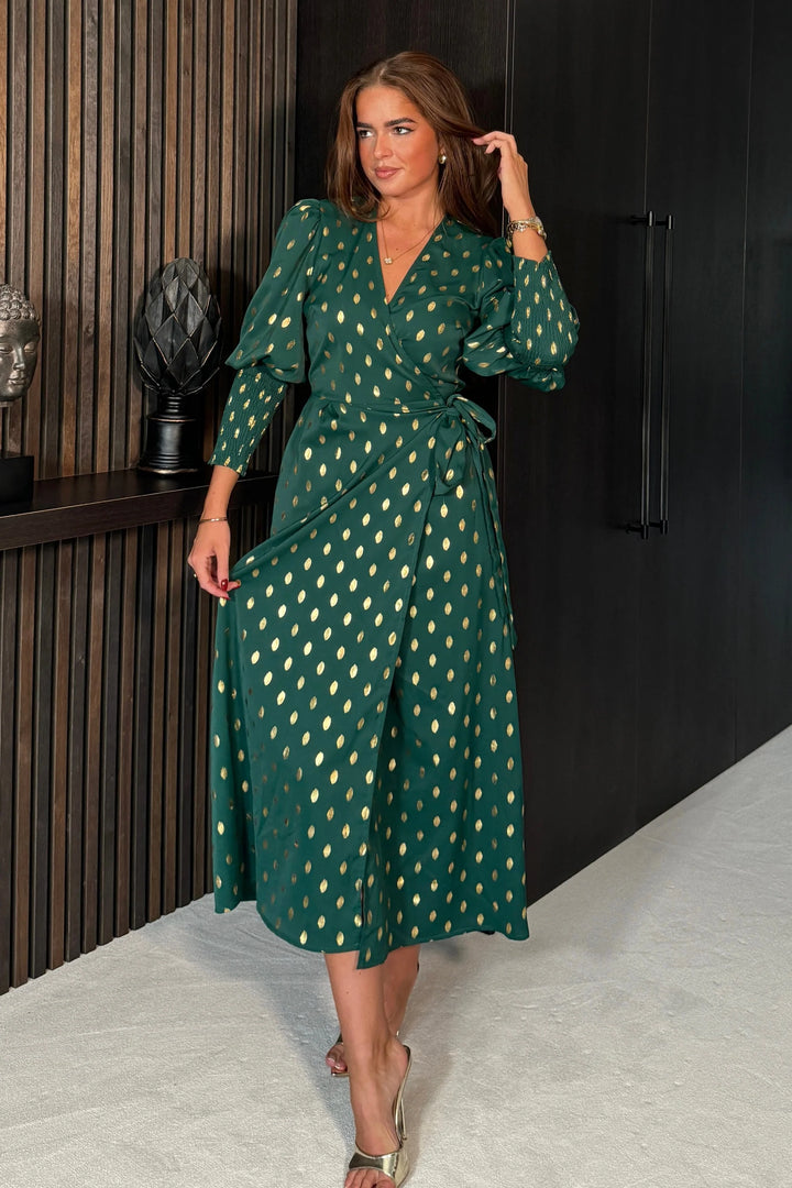 Devina Green And Gold Foil Shirred Cuff Wrap Dress
