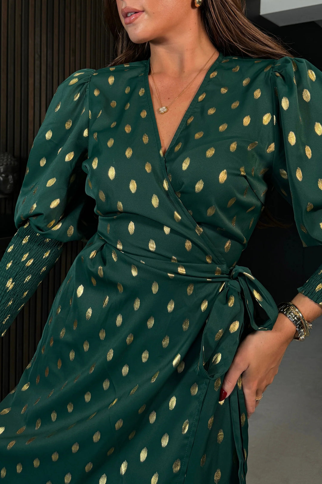 Devina Green And Gold Foil Shirred Cuff Wrap Dress