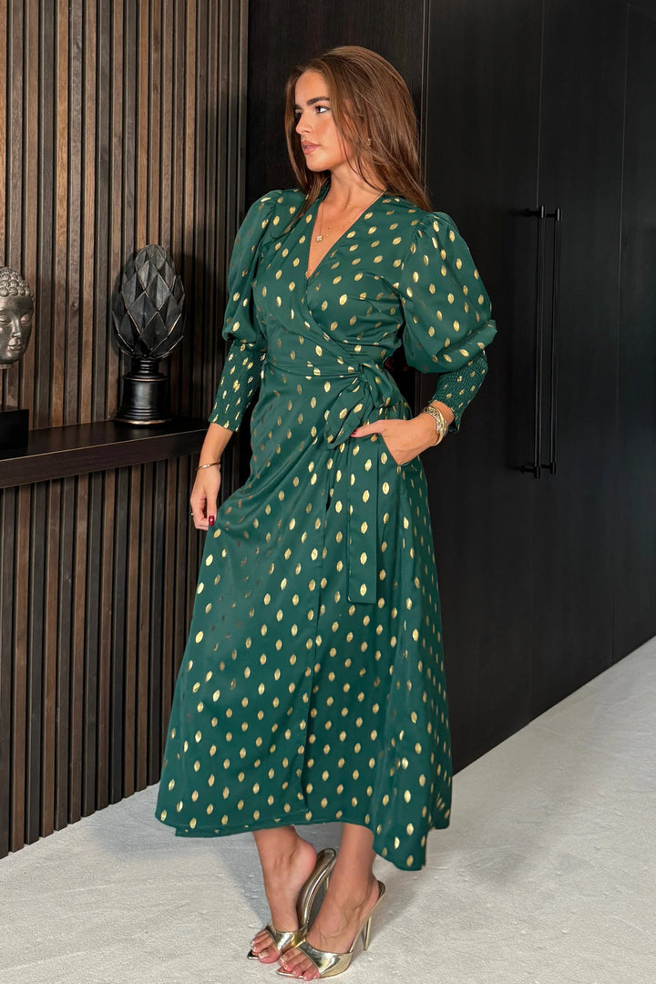 Devina Green And Gold Foil Shirred Cuff Wrap Dress