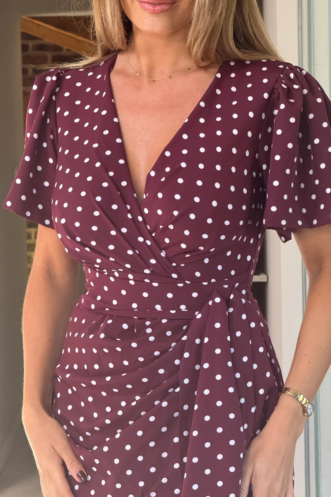 Drew Burgundy Polkadot Wrap Short Puff Sleeve Satin Midi Dress