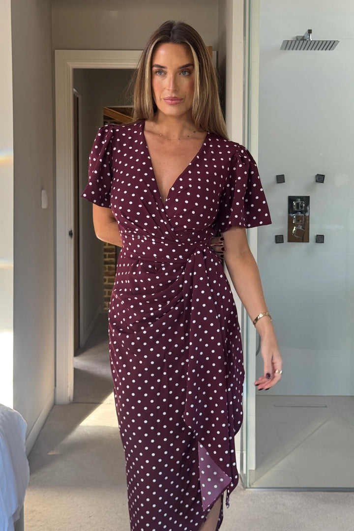 Drew Burgundy Polkadot Wrap Short Puff Sleeve Satin Midi Dress