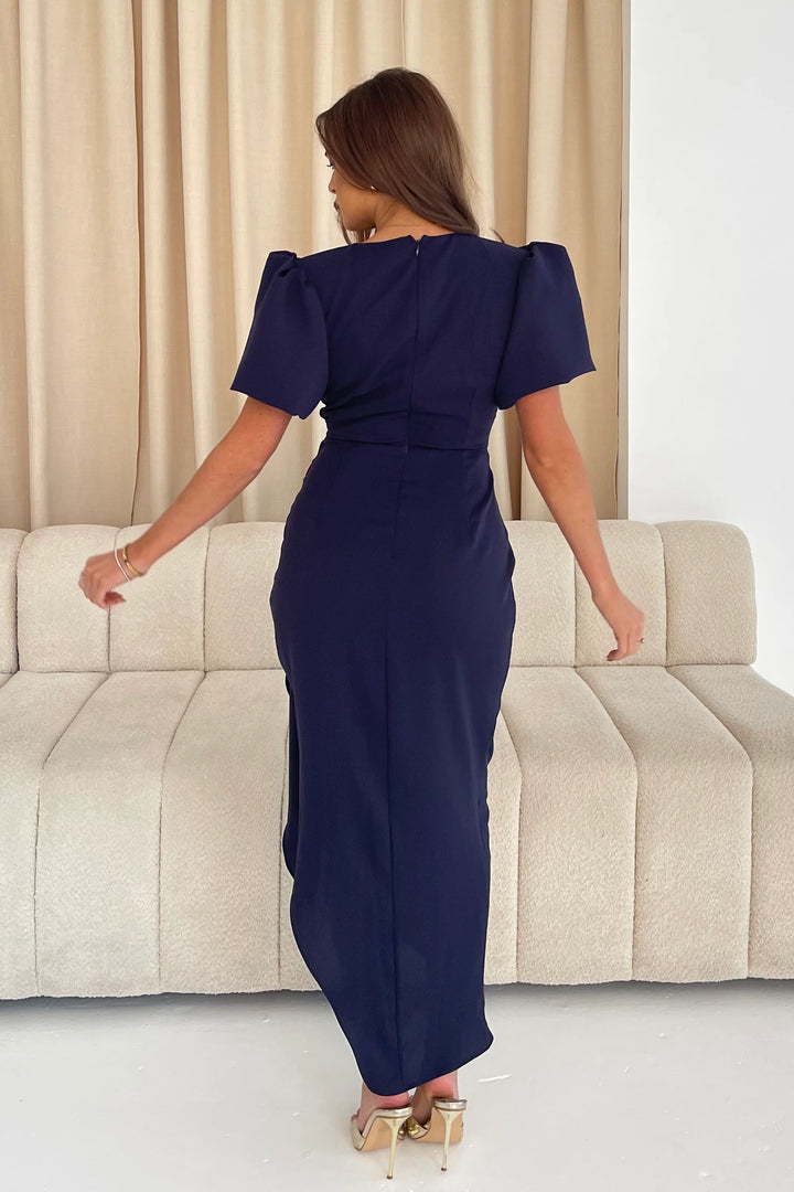 Drew Navy Wrap Short Puff Sleeve Midi Dress