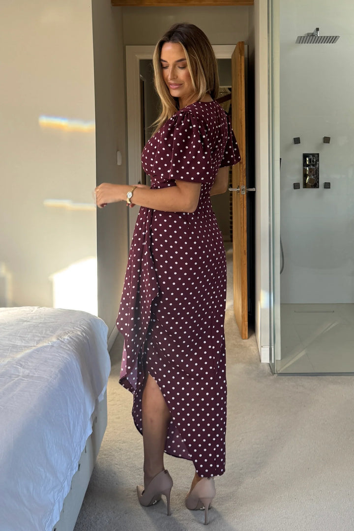 Drew Burgundy Polkadot Wrap Short Puff Sleeve Satin Midi Dress