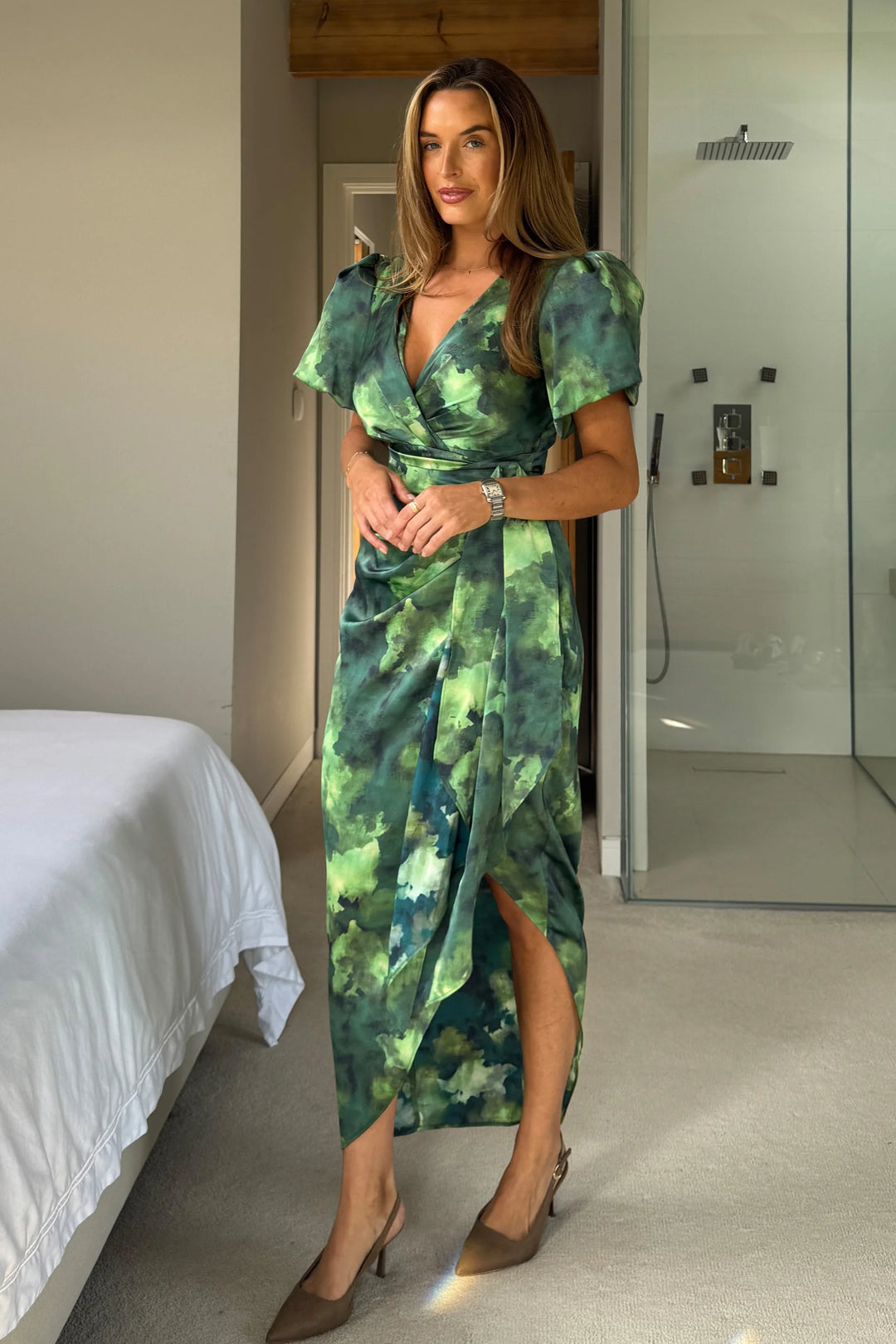 Drew Green Marble Wrap Short Puff Sleeve Satin Midi Dress