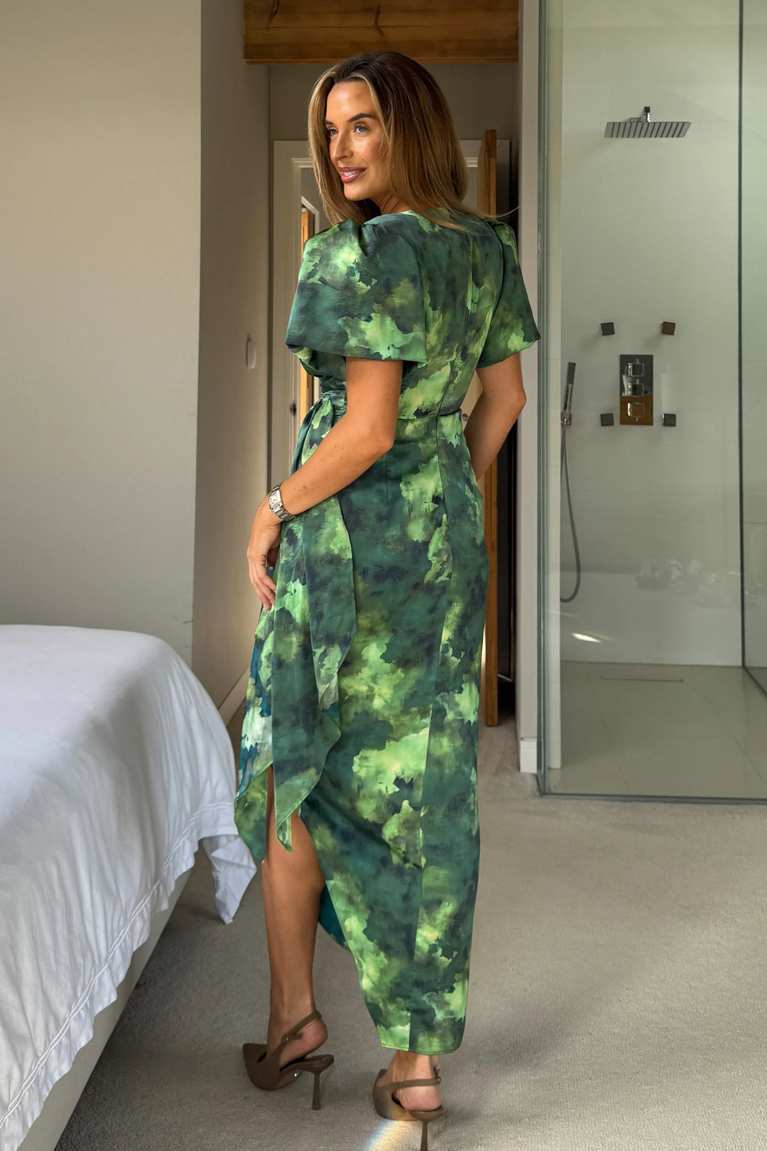 Drew Green Marble Wrap Short Puff Sleeve Satin Midi Dress