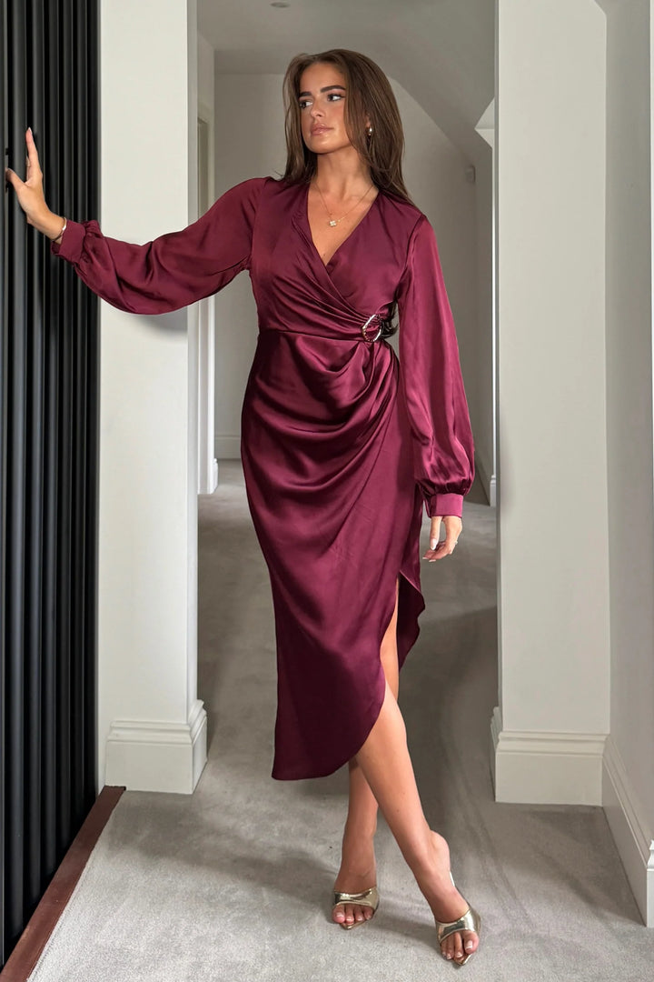 Elsa Wine Red with Gold Buckle Long Sleeve Asymmetric Midi Dress