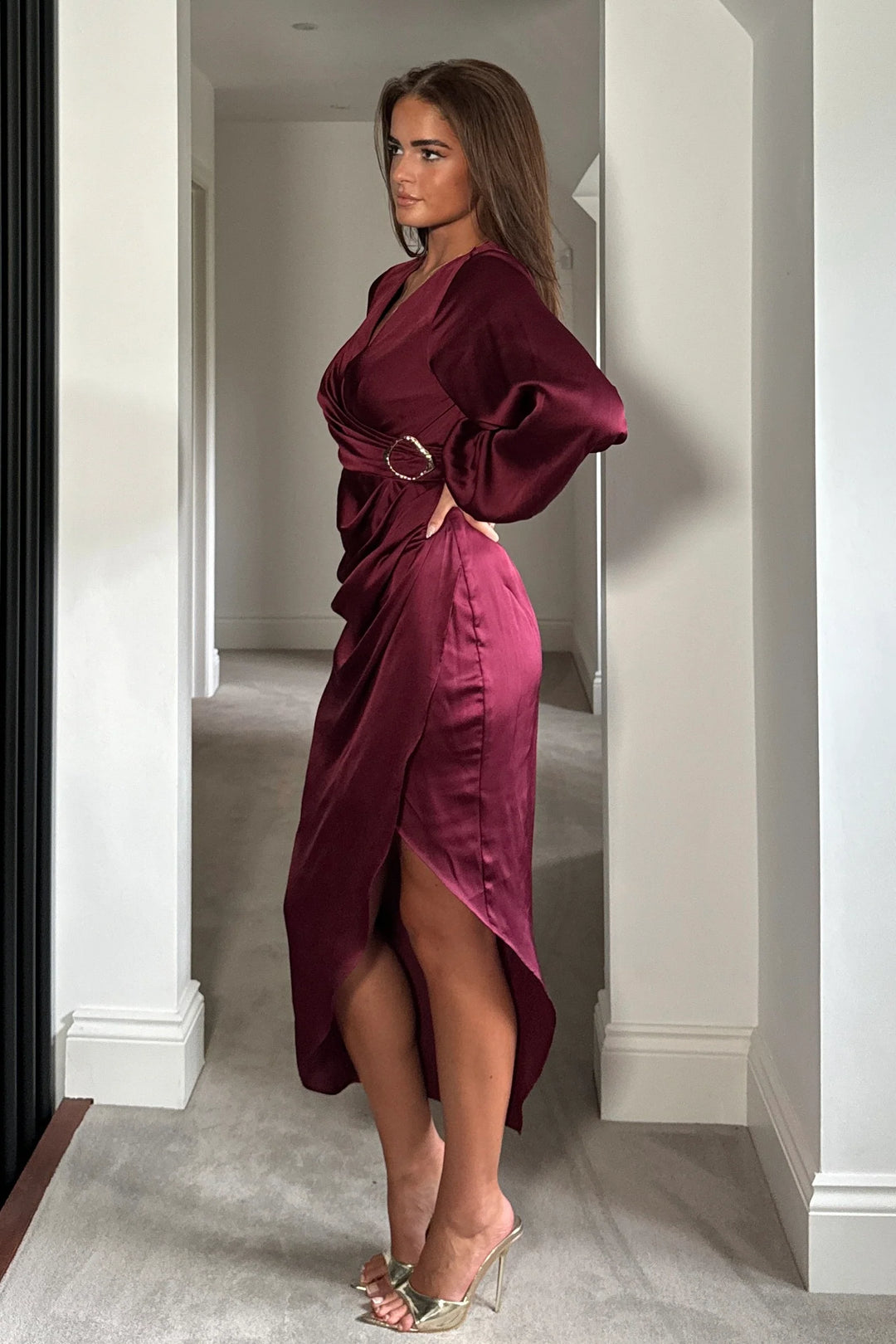 Elsa Wine Red with Gold Buckle Long Sleeve Asymmetric Midi Dress