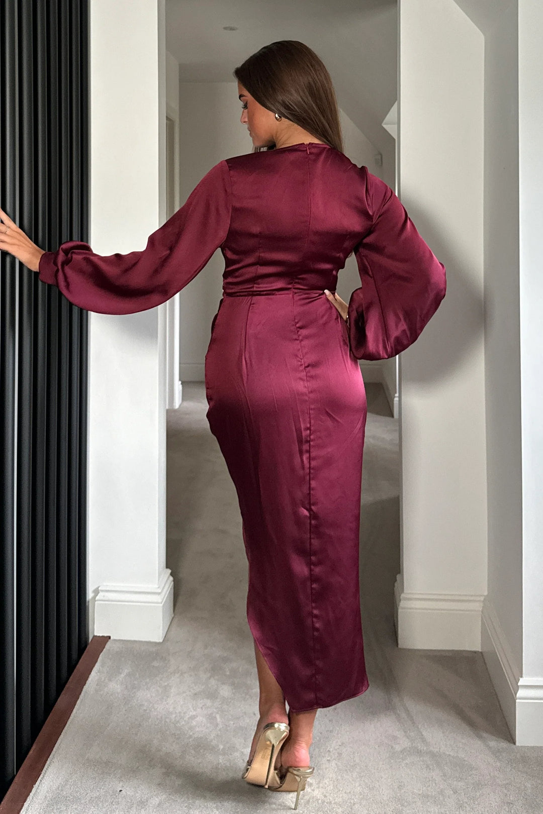 Elsa Wine Red with Gold Buckle Long Sleeve Asymmetric Midi Dress