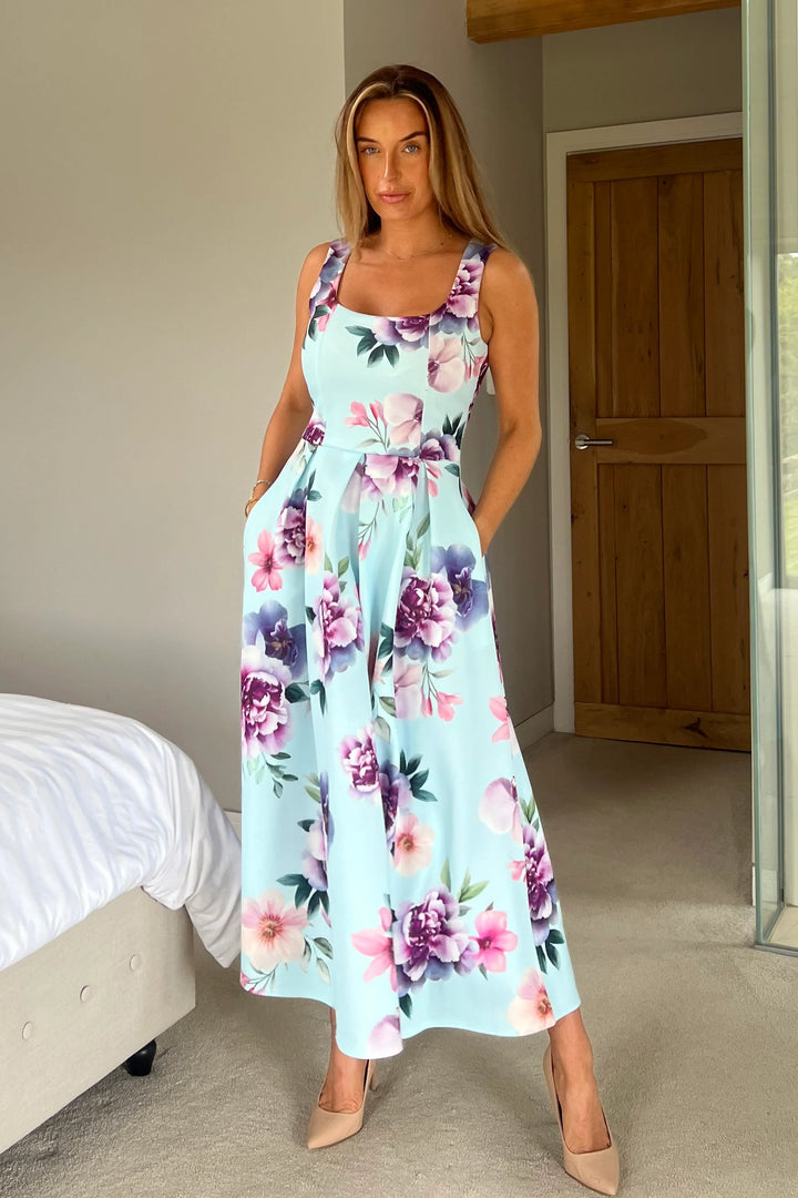 Erica Blue Floral Square Neck Sleeveless Pleated Midi Dress