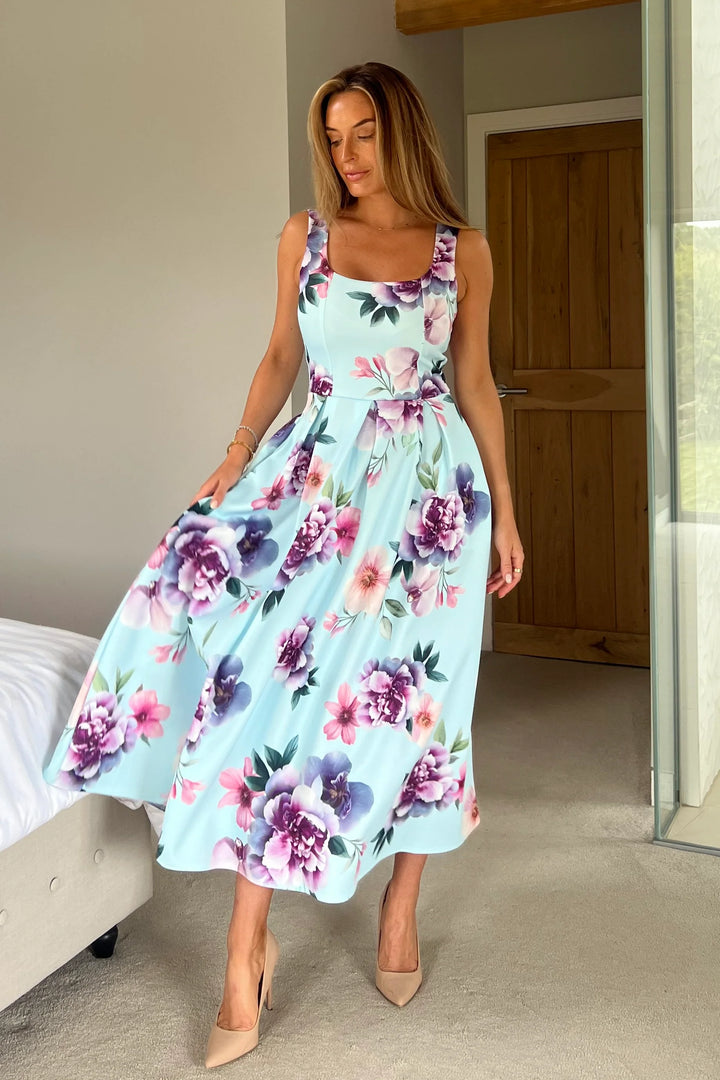 Erica Blue Floral Square Neck Sleeveless Pleated Midi Dress