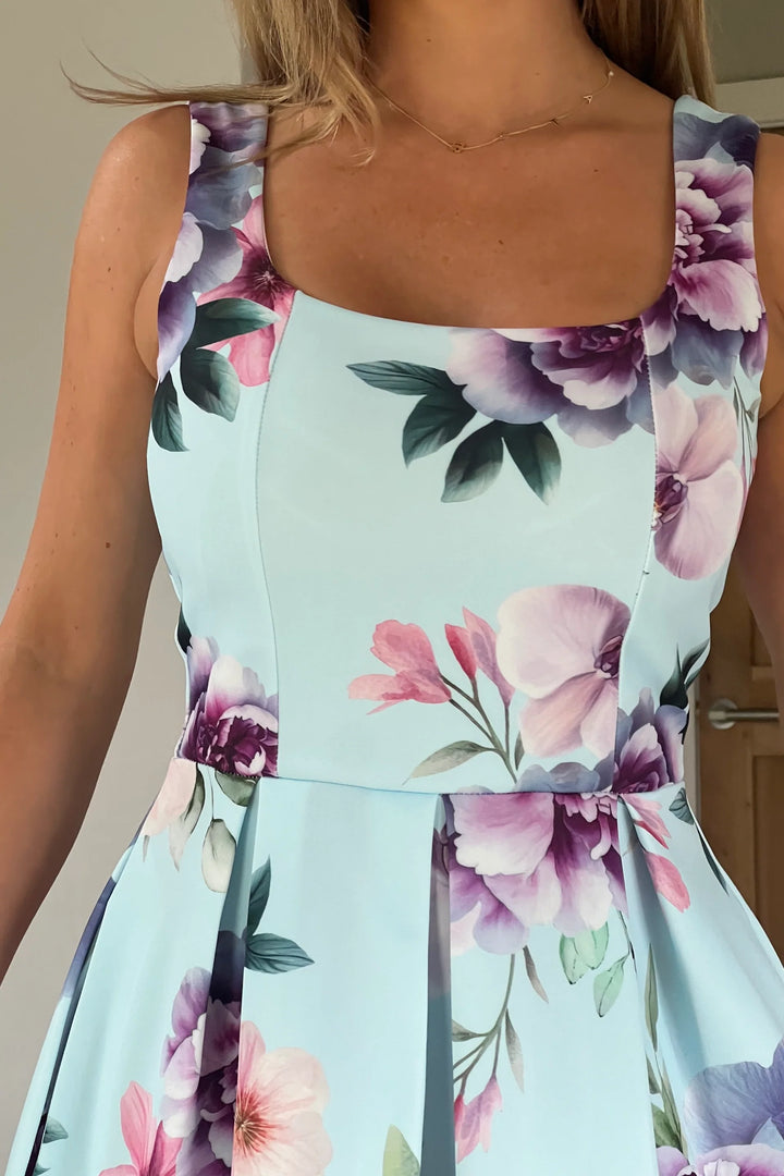 Erica Blue Floral Square Neck Sleeveless Pleated Midi Dress