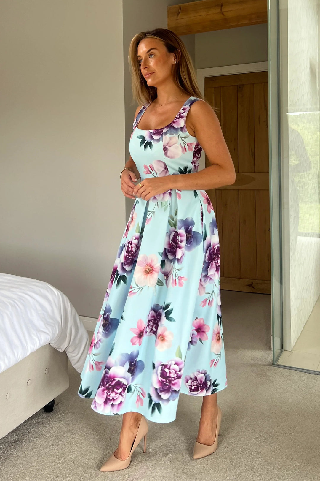 Erica Blue Floral Square Neck Sleeveless Pleated Midi Dress