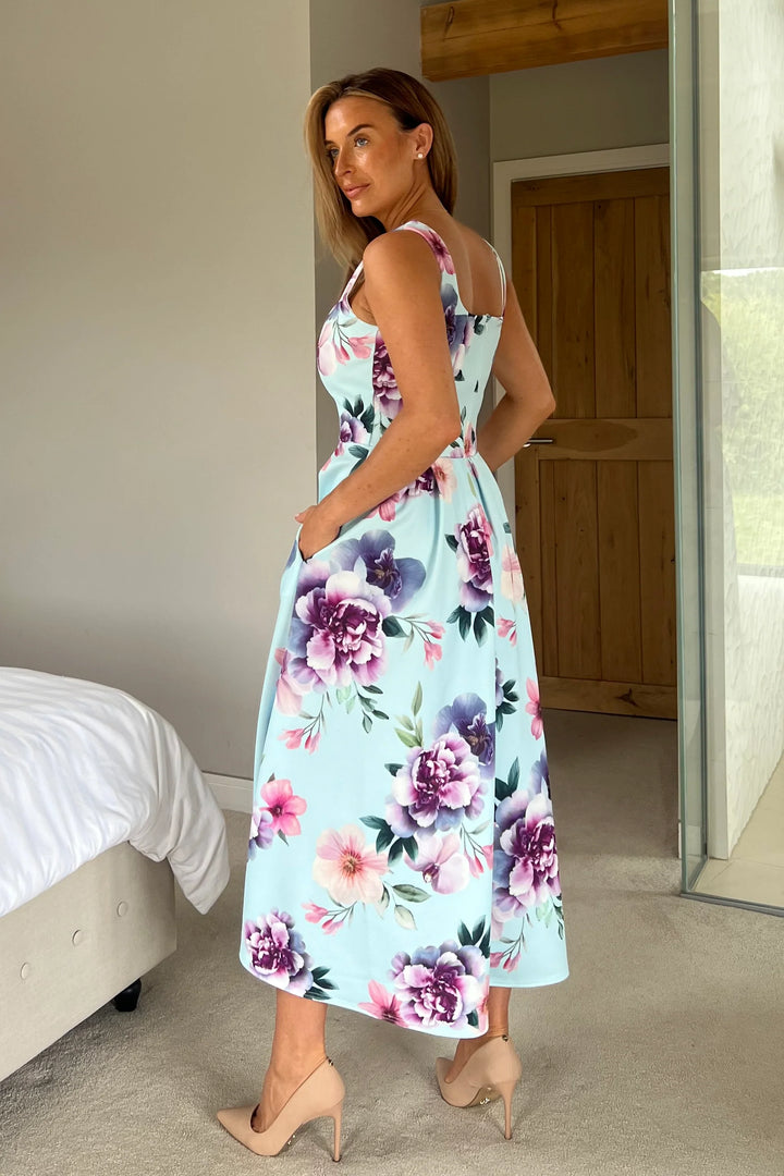 Erica Blue Floral Square Neck Sleeveless Pleated Midi Dress